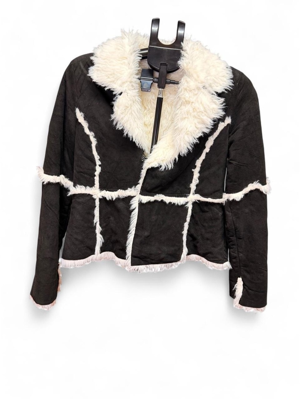 AS KNOW AS Black Faux Shearling Jacket M White Fur Trim Hook Front Y2K Style